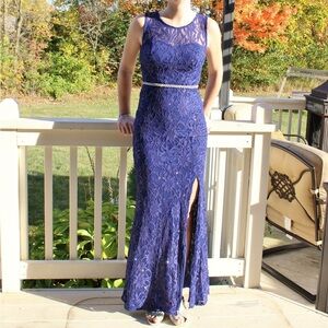 Elegant Navy Lace Prom Dress with Side Slit